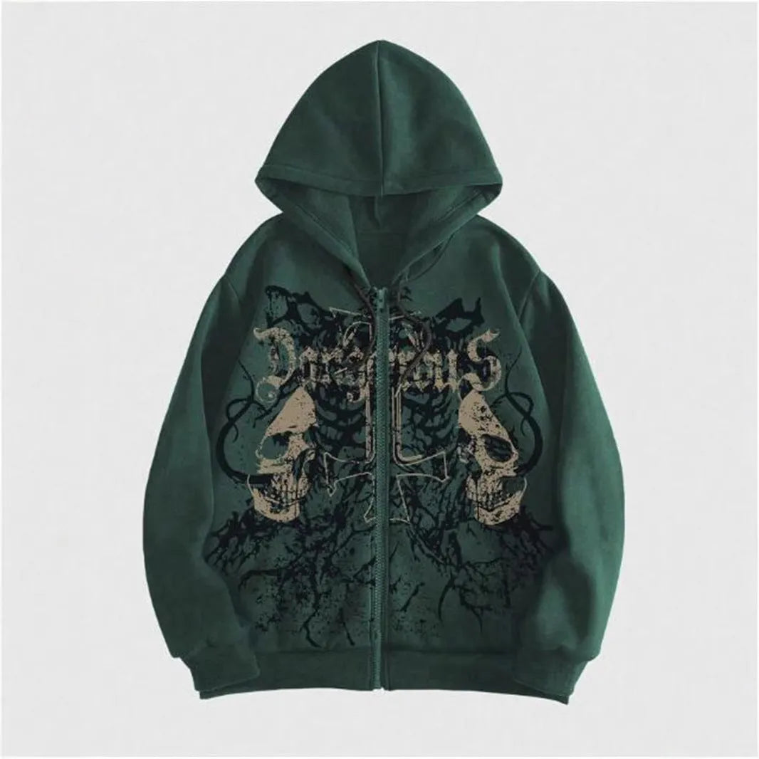 Men's black hooded sweatshirt with skull print pattern on cotton blend fabric