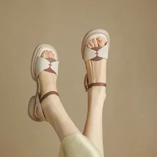 Women's chunky heel platform open toe sandals in khaki colour with renewable leather upper