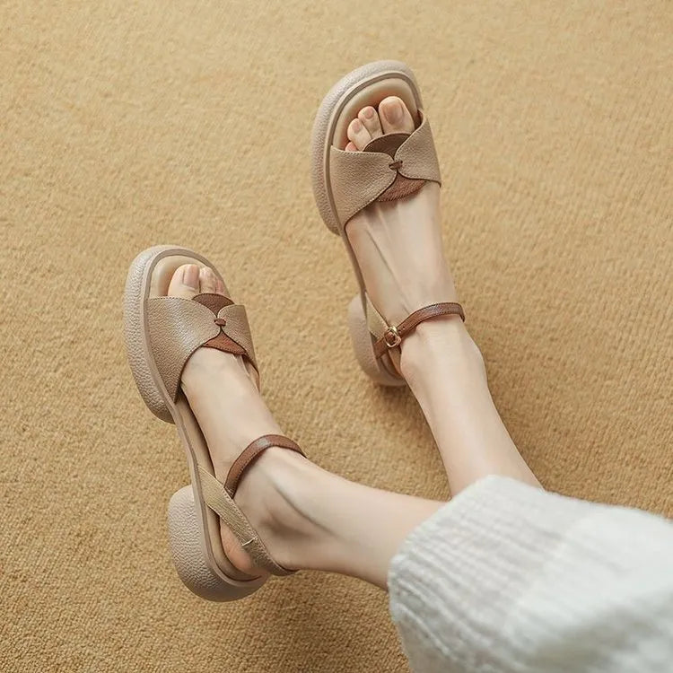 Women's chunky heel platform open toe sandals in khaki colour with renewable leather upper