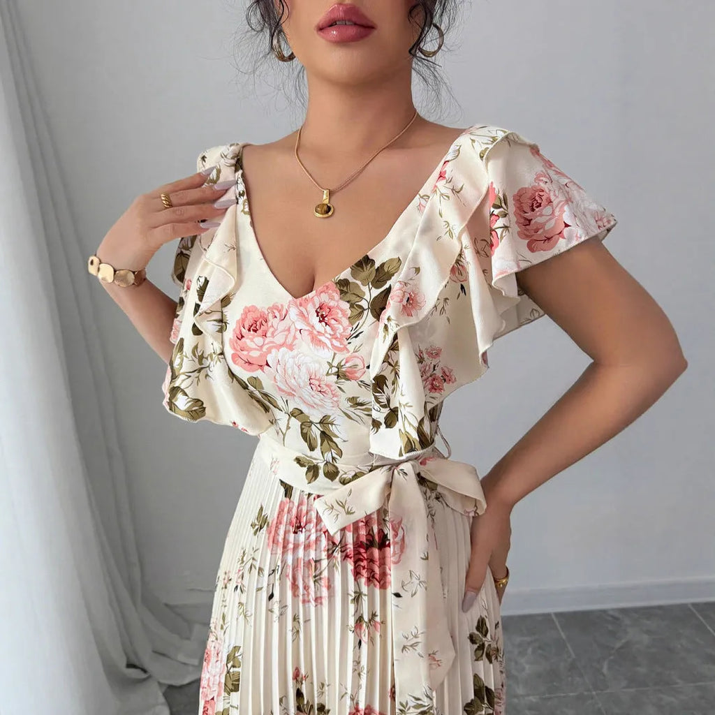 Apricot floral print dress with V-neck, ruffled short sleeves and oversized swing skirt