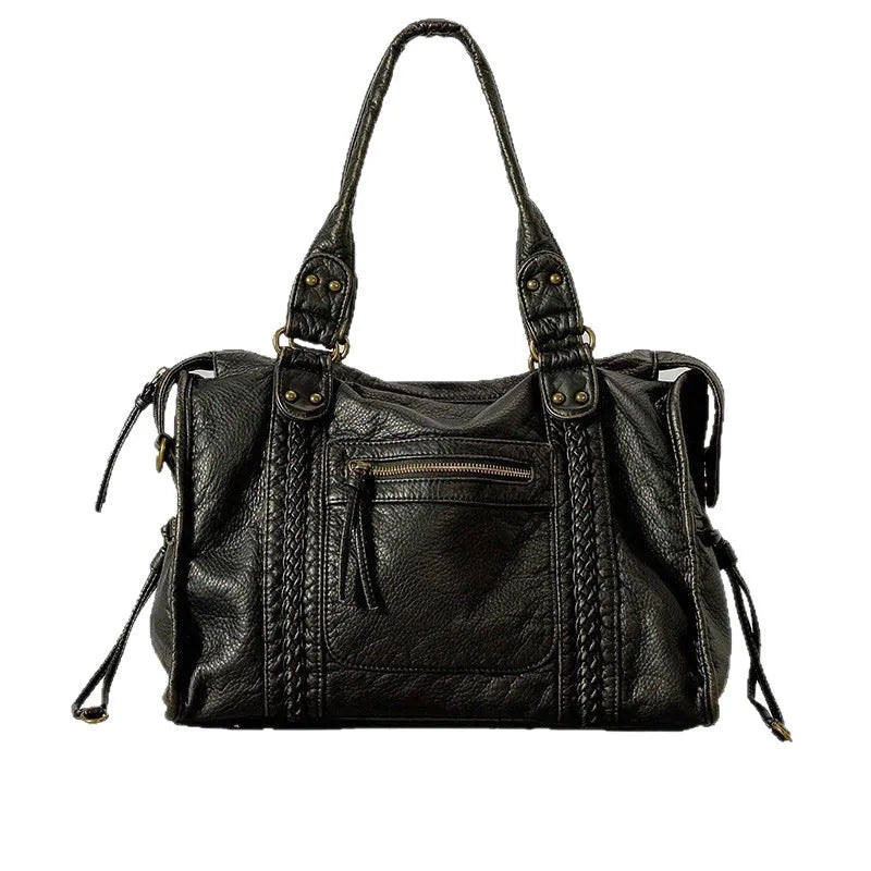 Women's brown retro PU messenger bag with woven accent and shoulder strap