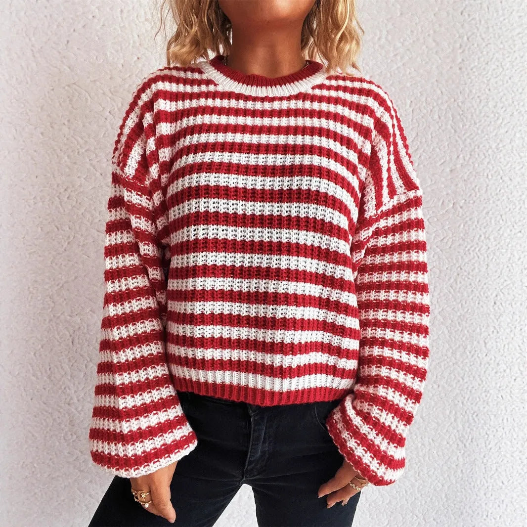 Women's vintage stripe knitted pullover sweater in loose fit with round neck and long sleeves
