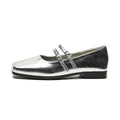 Women's silver ballet slipper pumps with a cross buckle strap, made from sheepskin leather with a flat heel.
