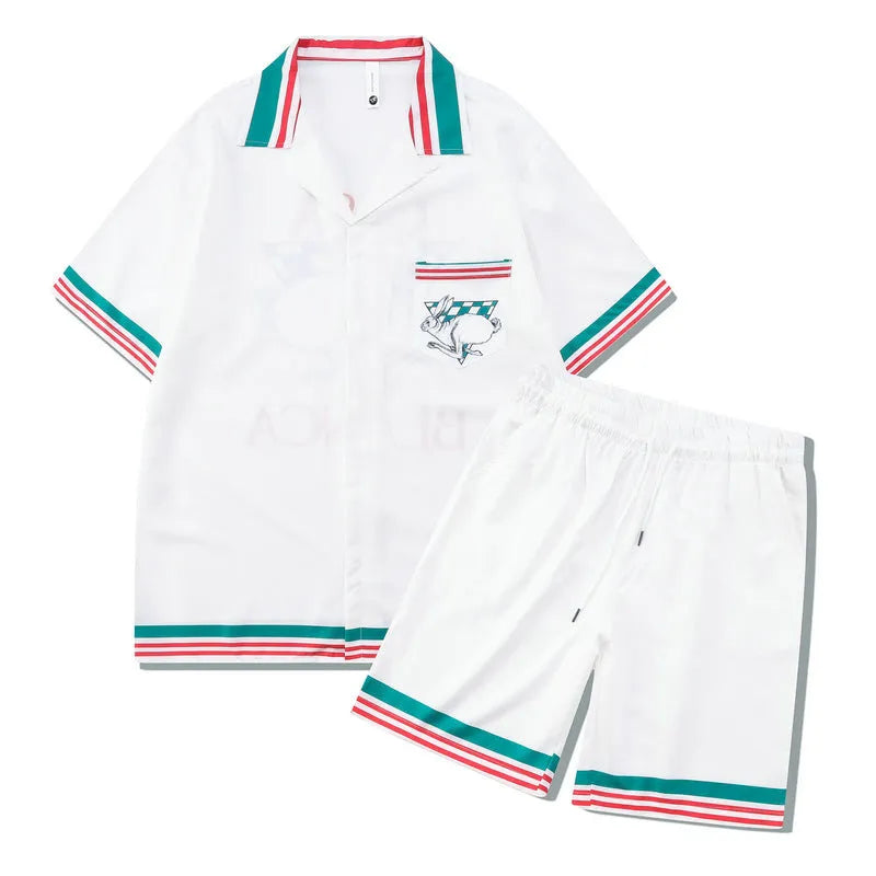 Men's plaid pattern beach outfit set with short sleeve shirt and matching trousers