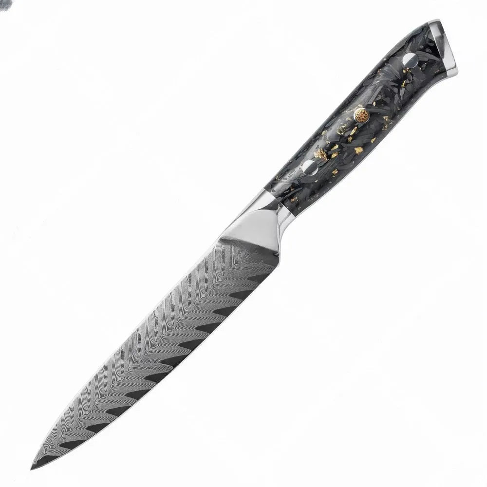 67-layer Damascus steel kitchen knife set with fishbone pattern showing eight different blade sizes and types