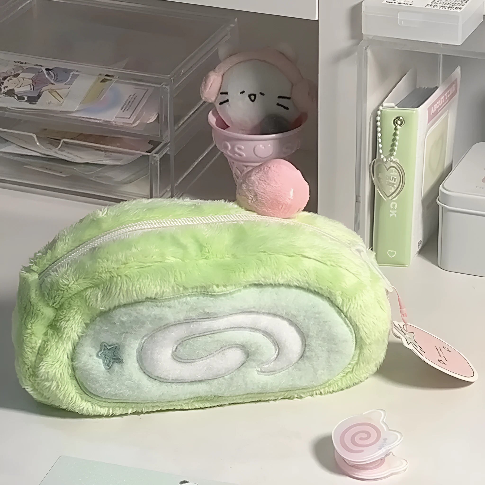 Velvet Swiss roll cake pencil case in Korean style with roll design for stationery storage