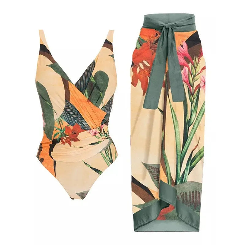 Women's solid colour one-piece swimsuit with spaghetti straps and a removable matching skirt.