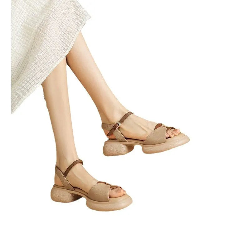 Women's chunky heel platform open toe sandals in khaki colour with renewable leather upper