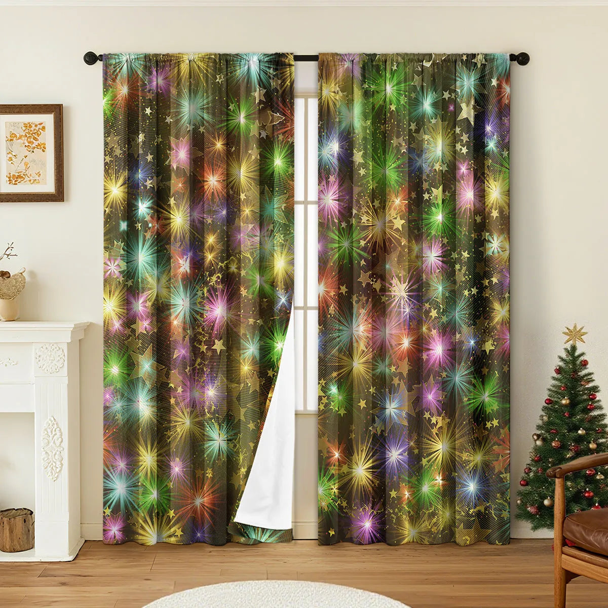 Pair of 3D digitally printed Christmas theme curtains made from polyester fabric, showing detailed pattern.