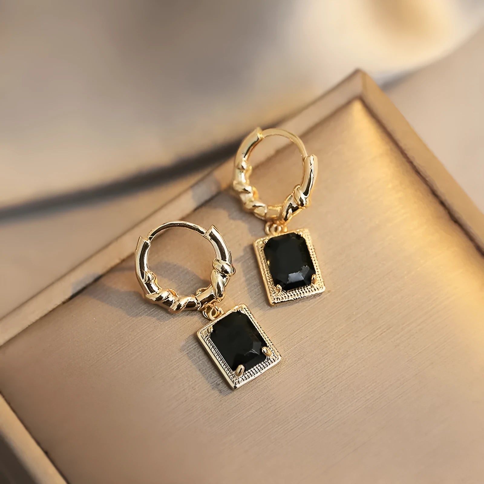 Black zircon French court retro earrings with geometric quadrilateral copper design