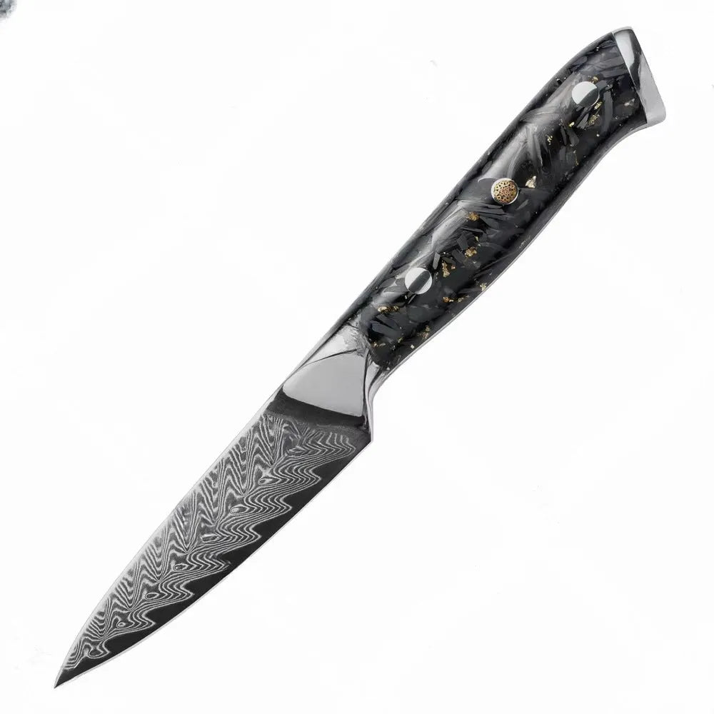 67-layer Damascus steel kitchen knife set with fishbone pattern showing eight different blade sizes and types