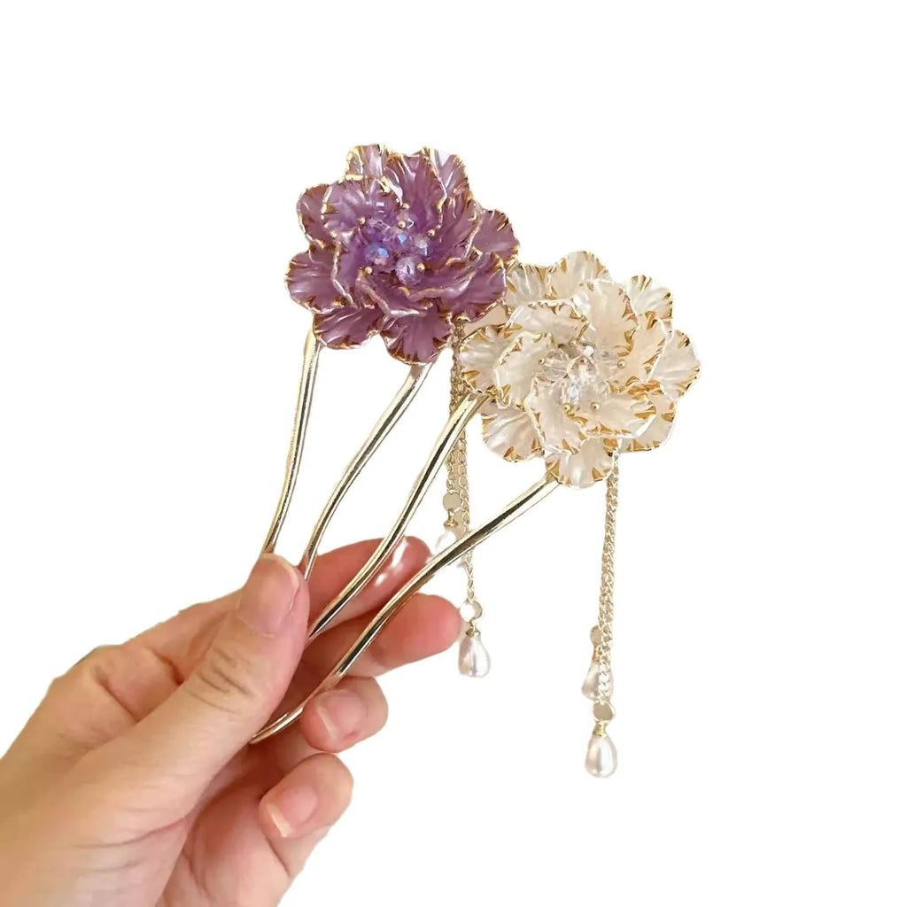Purple and white peony flower tassel U-shaped hairpin with electroplated alloy construction