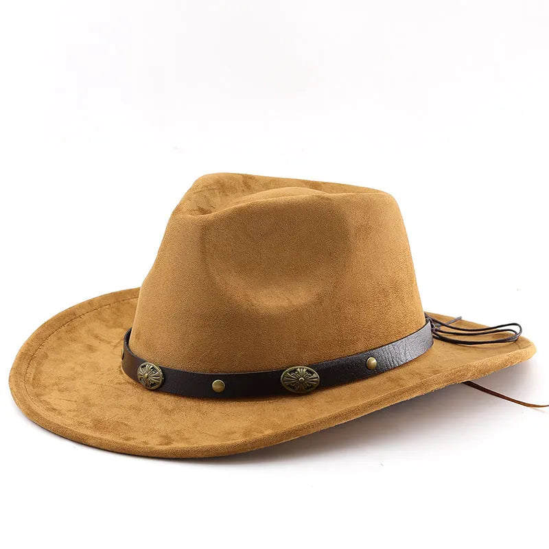 Brown leather velvet curved edge Western cowboy hat with a conical crown.