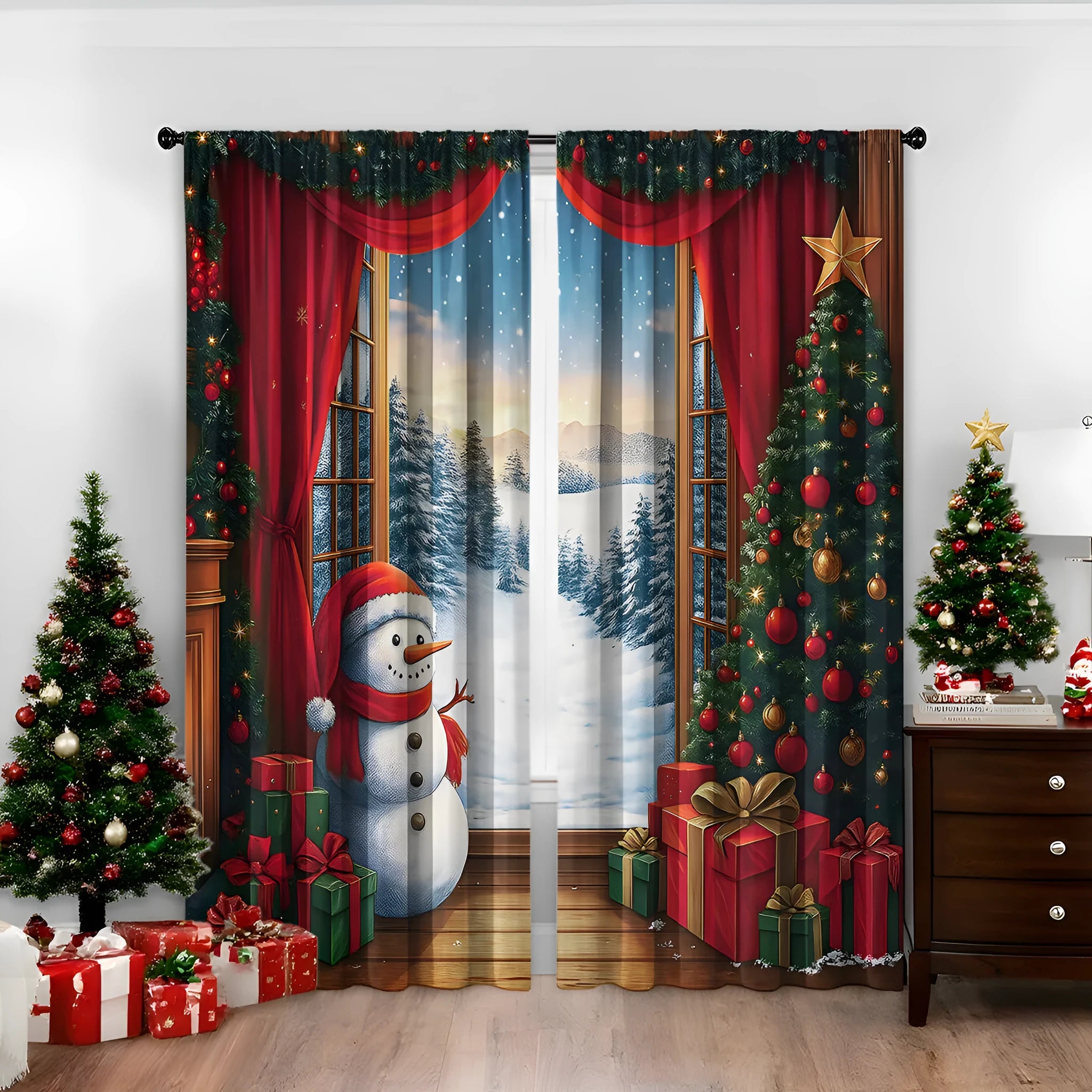 Set of two red and green 3D digitally printed Christmas theme curtains hanging on a window.