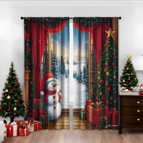 Set of two red and green 3D digitally printed Christmas theme curtains hanging on a window.
