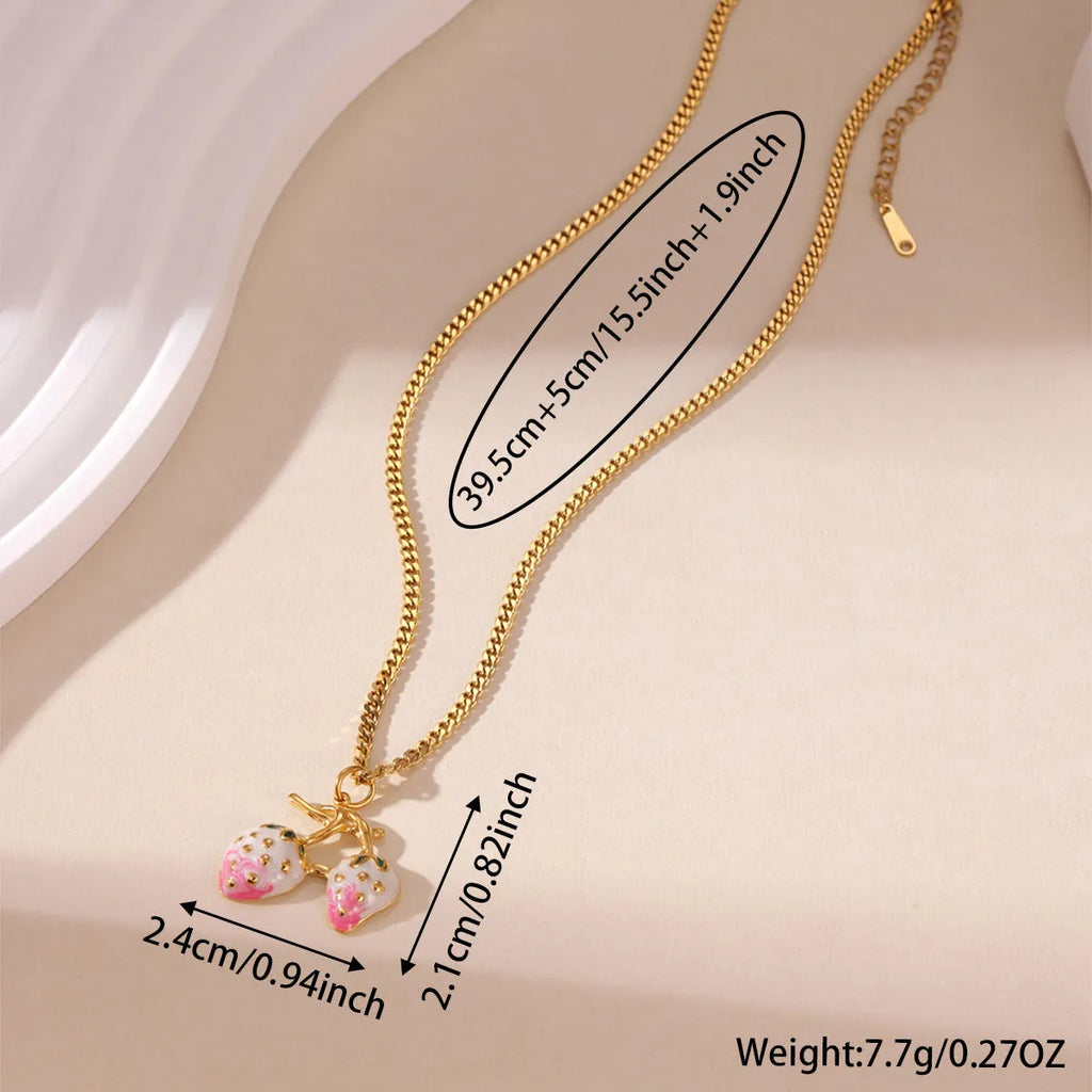 Stainless steel strawberry fruit pendant necklace for women in white gradient or red colour on alloy chain