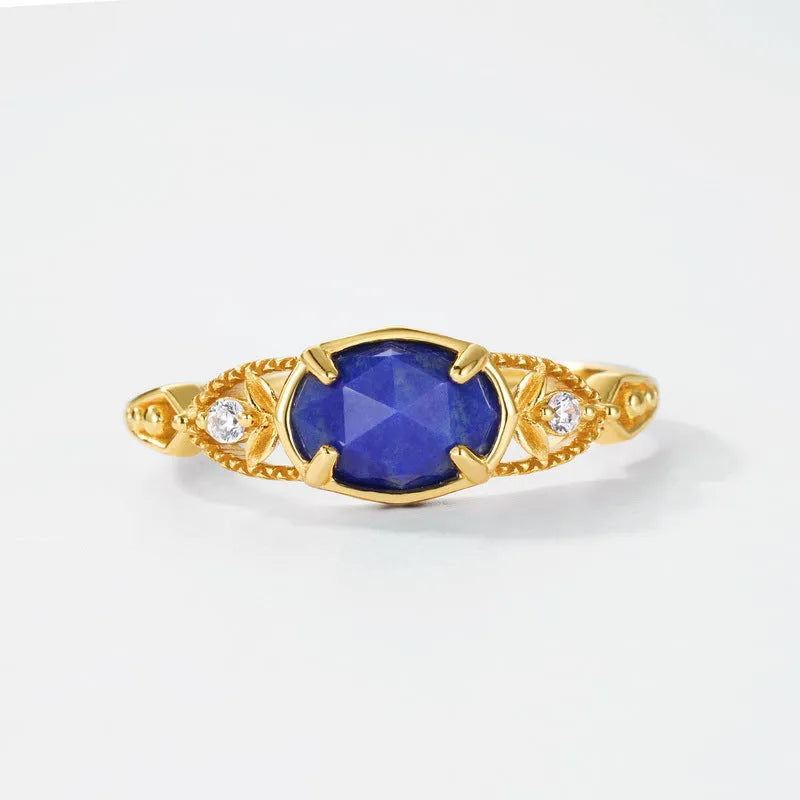 Geometric ellipse lapis lazuli ring in silver alloy with Japanese style design on model hand