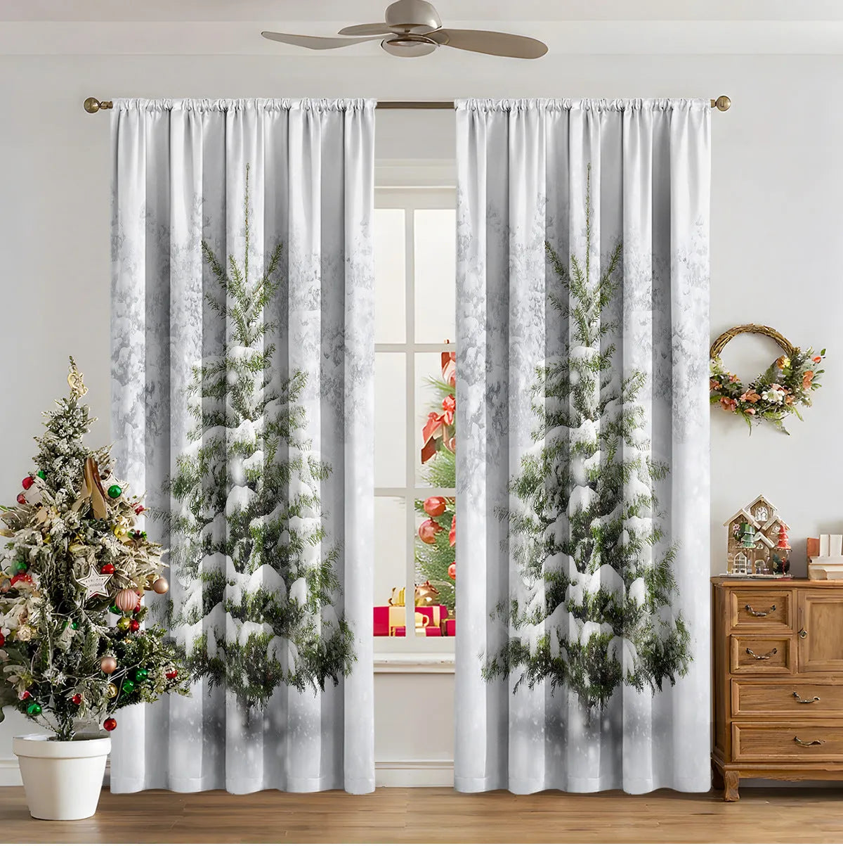 Set of two red and green 3D digitally printed Christmas theme curtains hanging on a window.