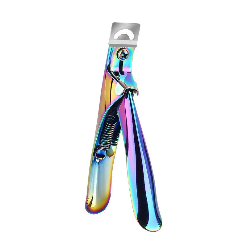 Stainless steel U-shaped nail art scissors in electrophoresis black, colour titanium, and silver finishes for French manicures.