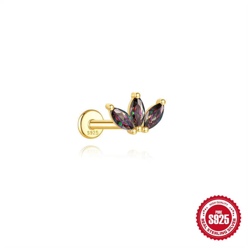 S925 sterling silver flat head stud earrings with shiny rainbow stone finish, showing thread piercing post.