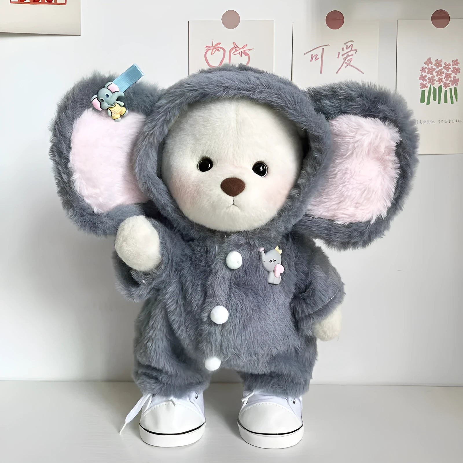 Grey elephant plush jumpsuit suit for 30cm bear dolls on hanger