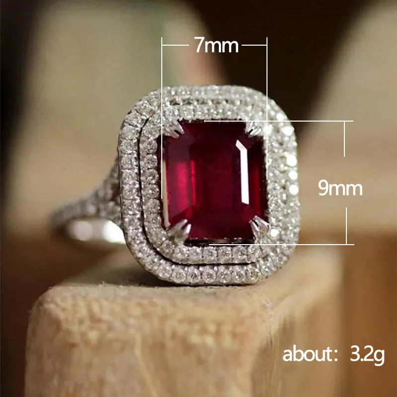 Women's copper square ring with red finish and princess-cut rhinestones on geometric band