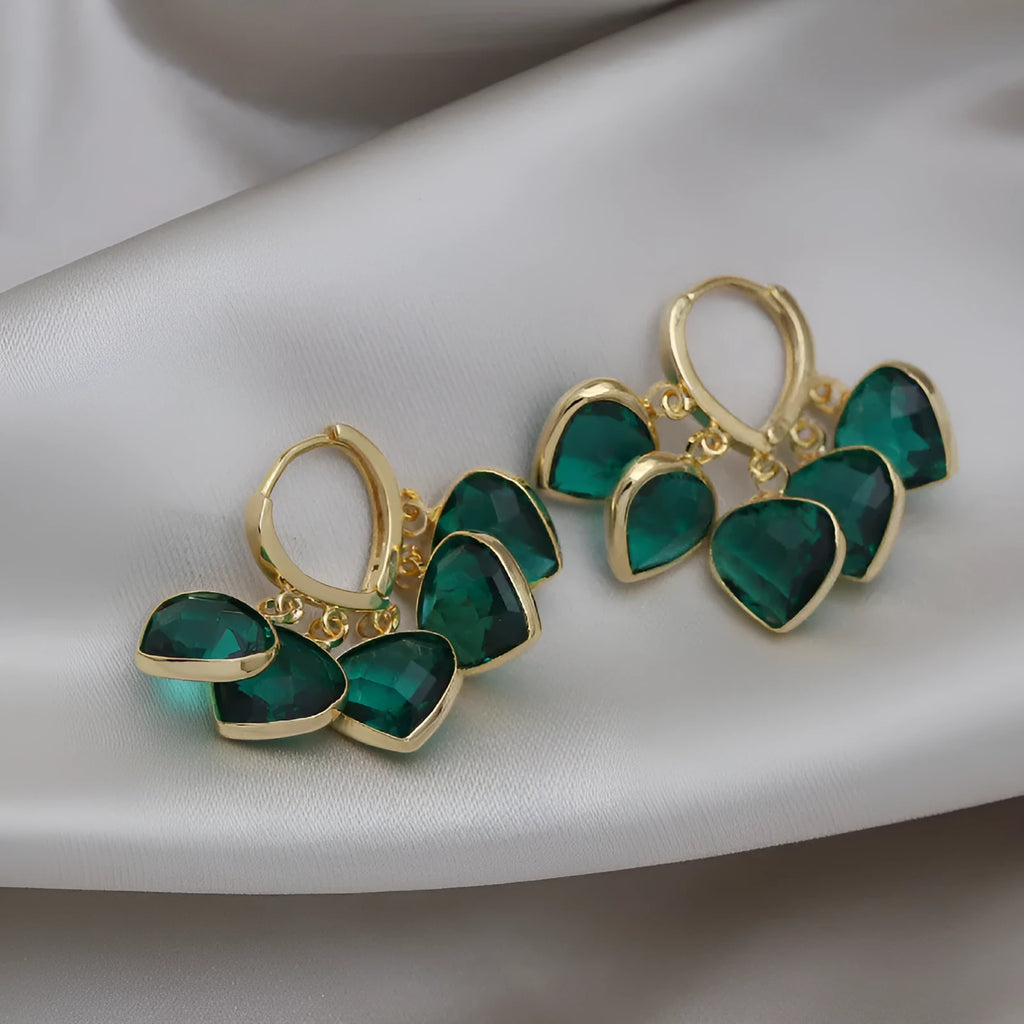 Green heart-shaped glass pendant ear clips with Korean style design and alloy gemstone details