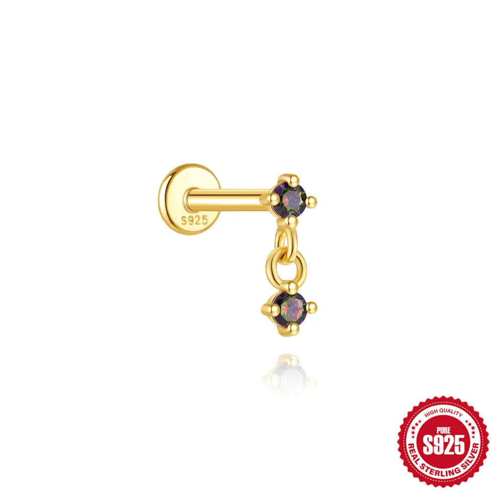 S925 sterling silver flat head stud earrings with shiny rainbow stone finish, showing thread piercing post.