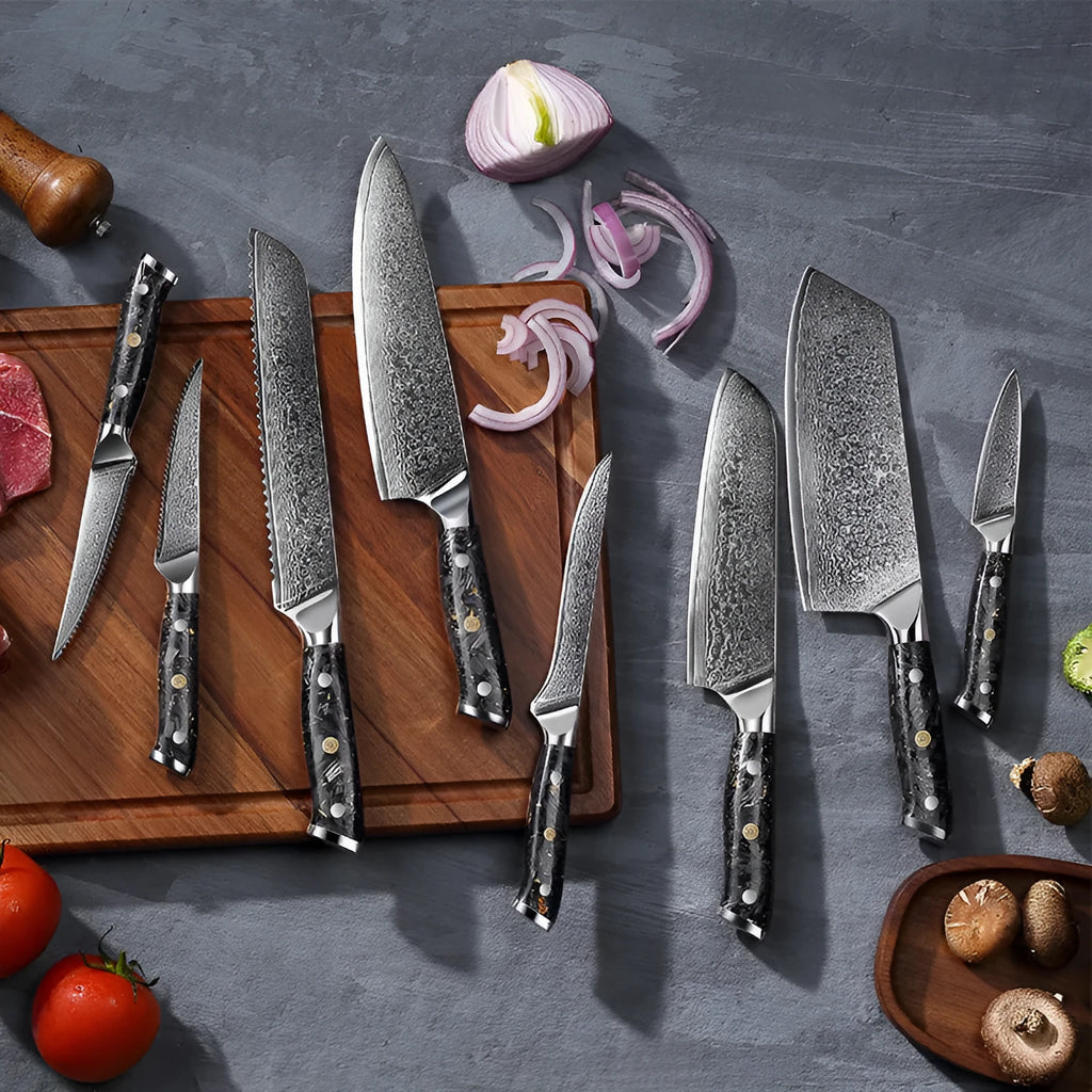 67-layer Damascus steel kitchen knife set with fishbone pattern showing eight different blade sizes and types
