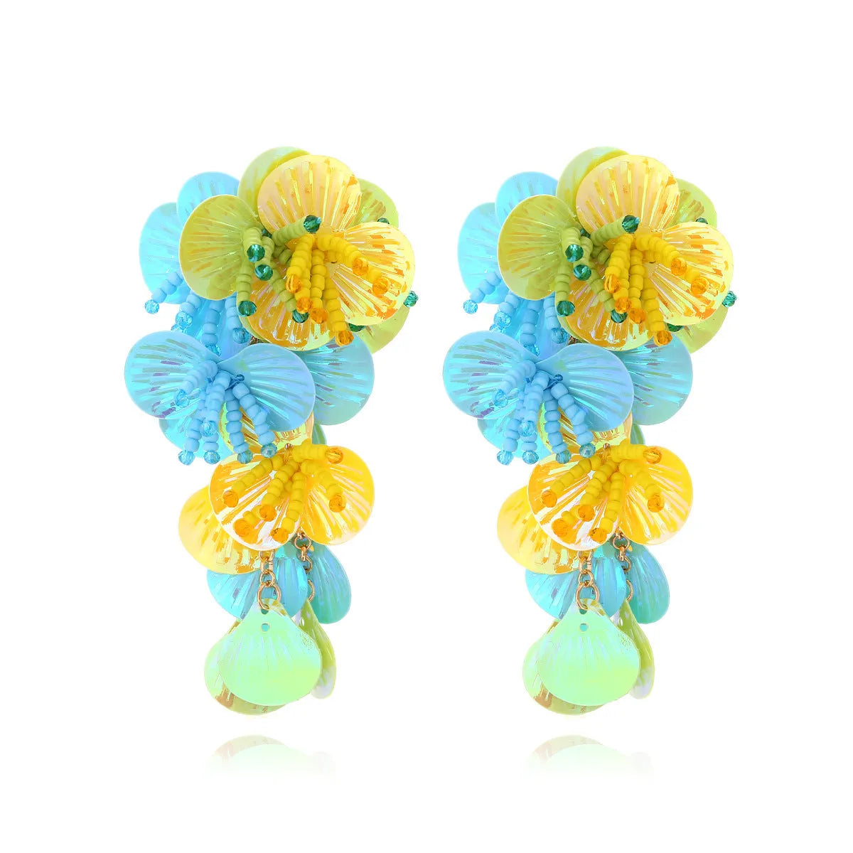 Handmade colourful string bead flower earrings with exaggerated dopamine design