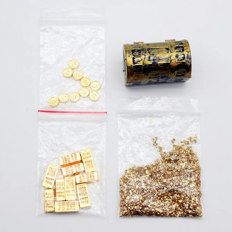 Alloy miniature gold coin treasure box with gold bars and ingots for doll house accessories