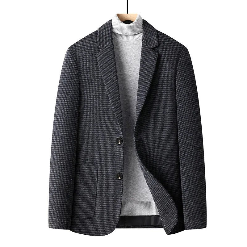 Men's slim fit wool suit jacket in grey, shown on a hanger, suitable for autumn and winter.