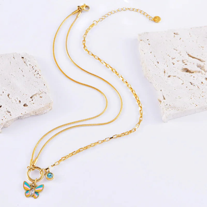 Gold epoxy butterfly pendant necklace and bracelet set with titanium steel snake bones chain