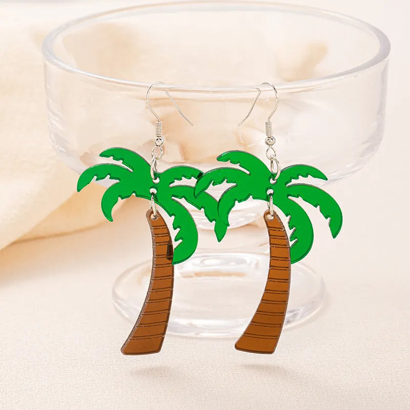 Acrylic drop earrings with coconut and jackfruit design on an alloy hook, shown in multiple colour styles.