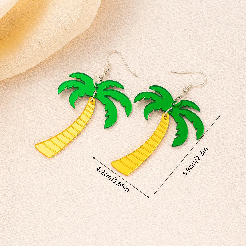 Acrylic drop earrings with coconut and jackfruit design on an alloy hook, shown in multiple colour styles.