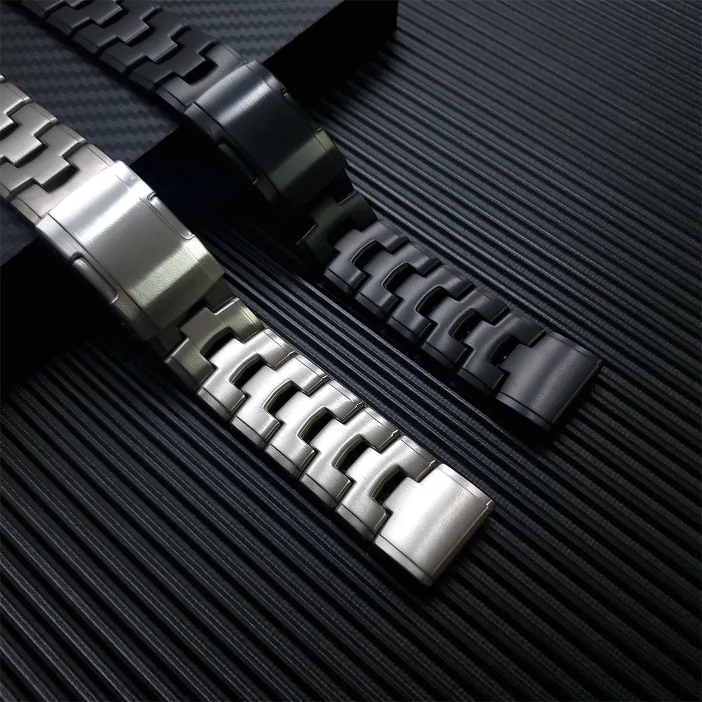 Garmin Fenix compatible watch strap shown in black, silver, and titanium colours for 22mm and 26mm widths.