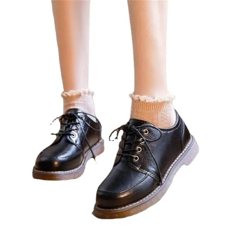 Women's black retro Mary Jane shoes with front lace-up and low square heel