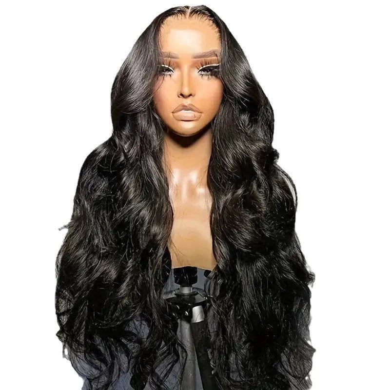 A black synthetic wig with large waves and a lace front, shown on a mannequin head.