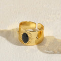 Close-up of a geometric copper ring with a black electroplated zircon stone, Chinese vintage style.
