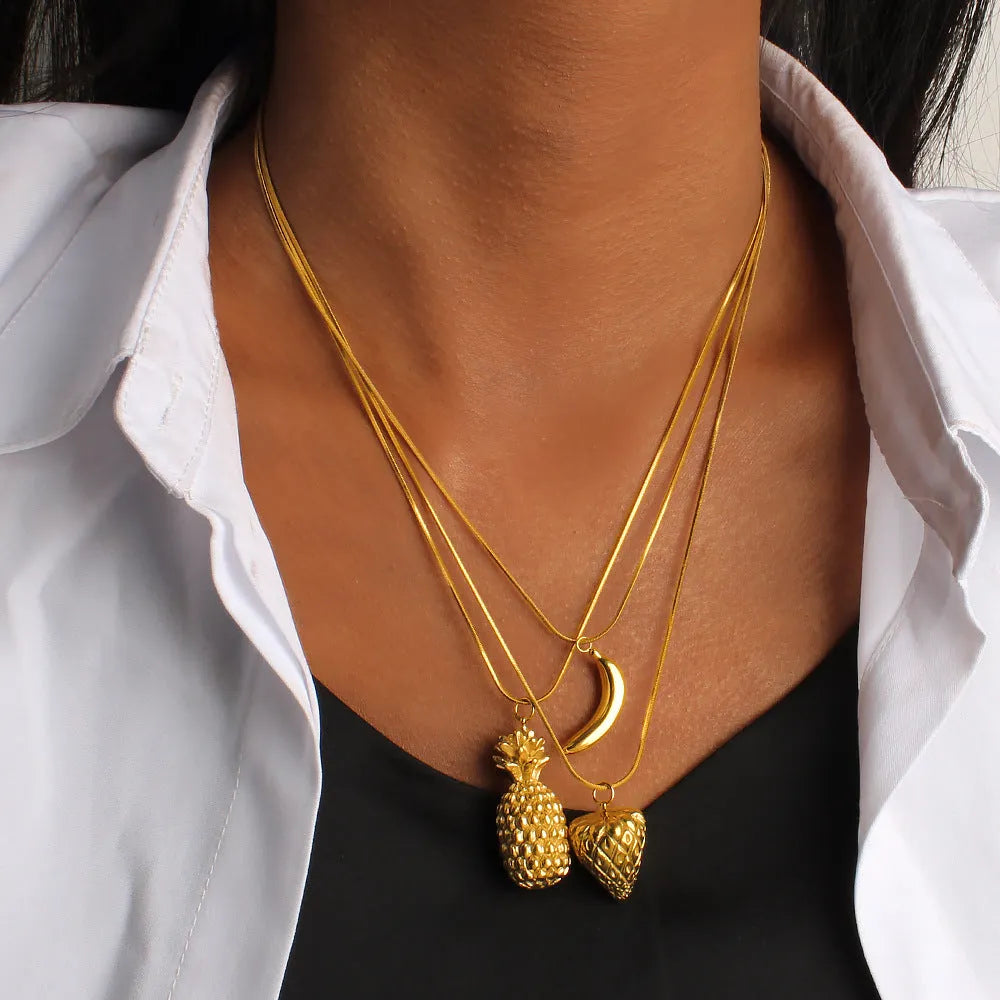 Stainless steel women's necklace with colourful apple, grape, watermelon, pineapple, strawberry and banana fruit charms.