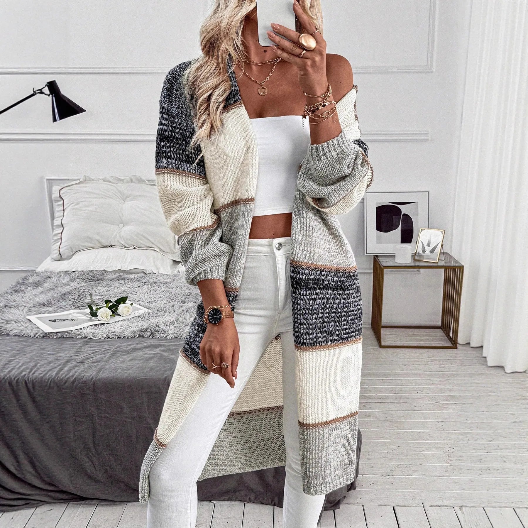 Women's gray knitted long cardigan with striped plaid pattern and loose fit street fashion style