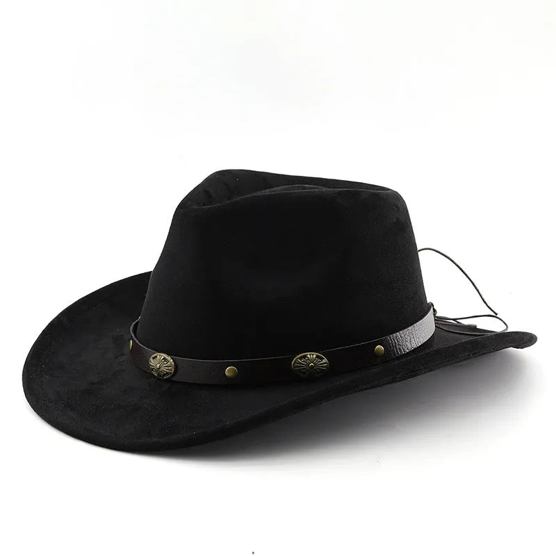 Brown leather velvet curved edge Western cowboy hat with a conical crown.