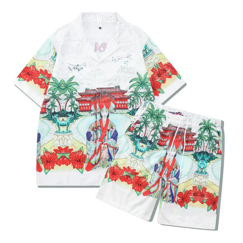 Men's plaid pattern beach outfit set with short sleeve shirt and matching trousers
