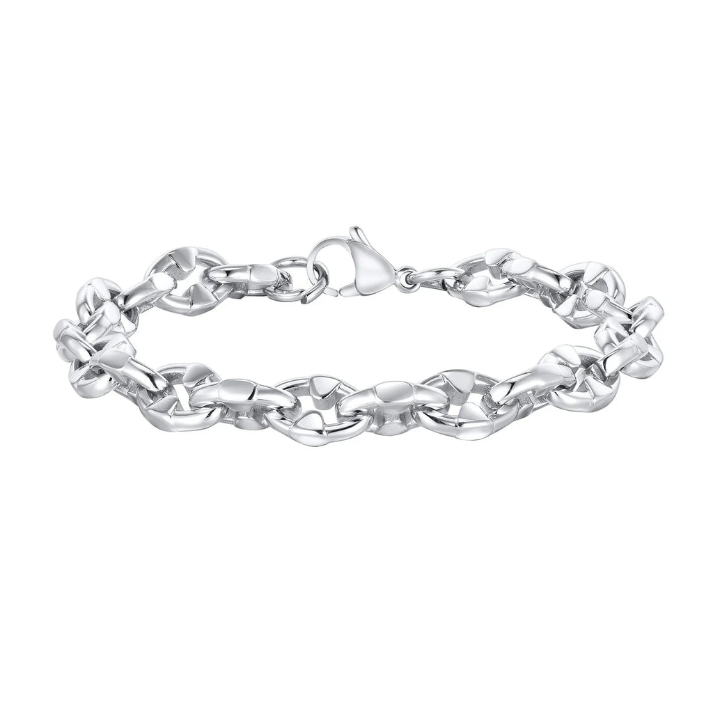 A thick geometric chain bracelet made of stainless steel, shown in a steel colour finish.
