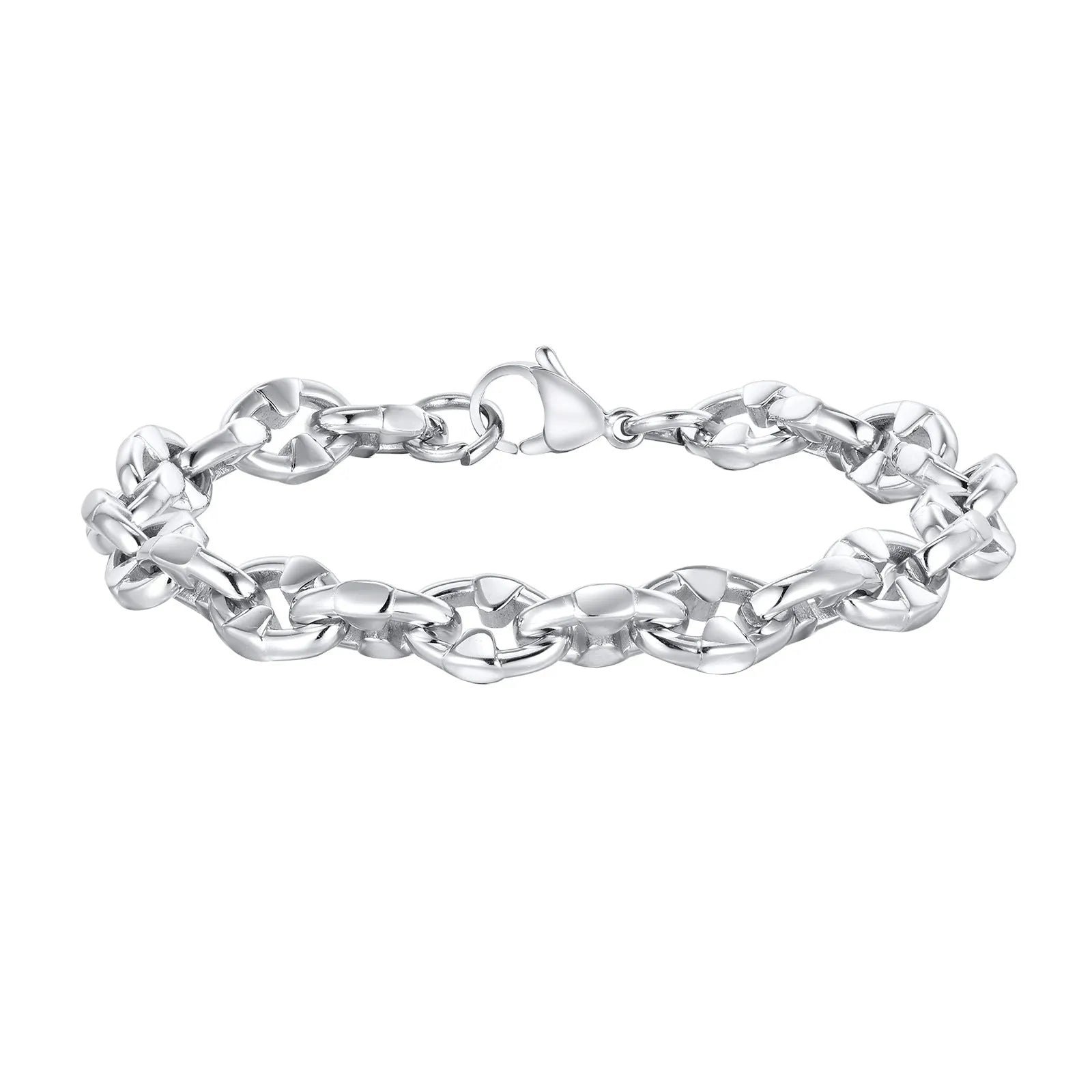A thick geometric chain bracelet made of stainless steel, shown in a steel colour finish.