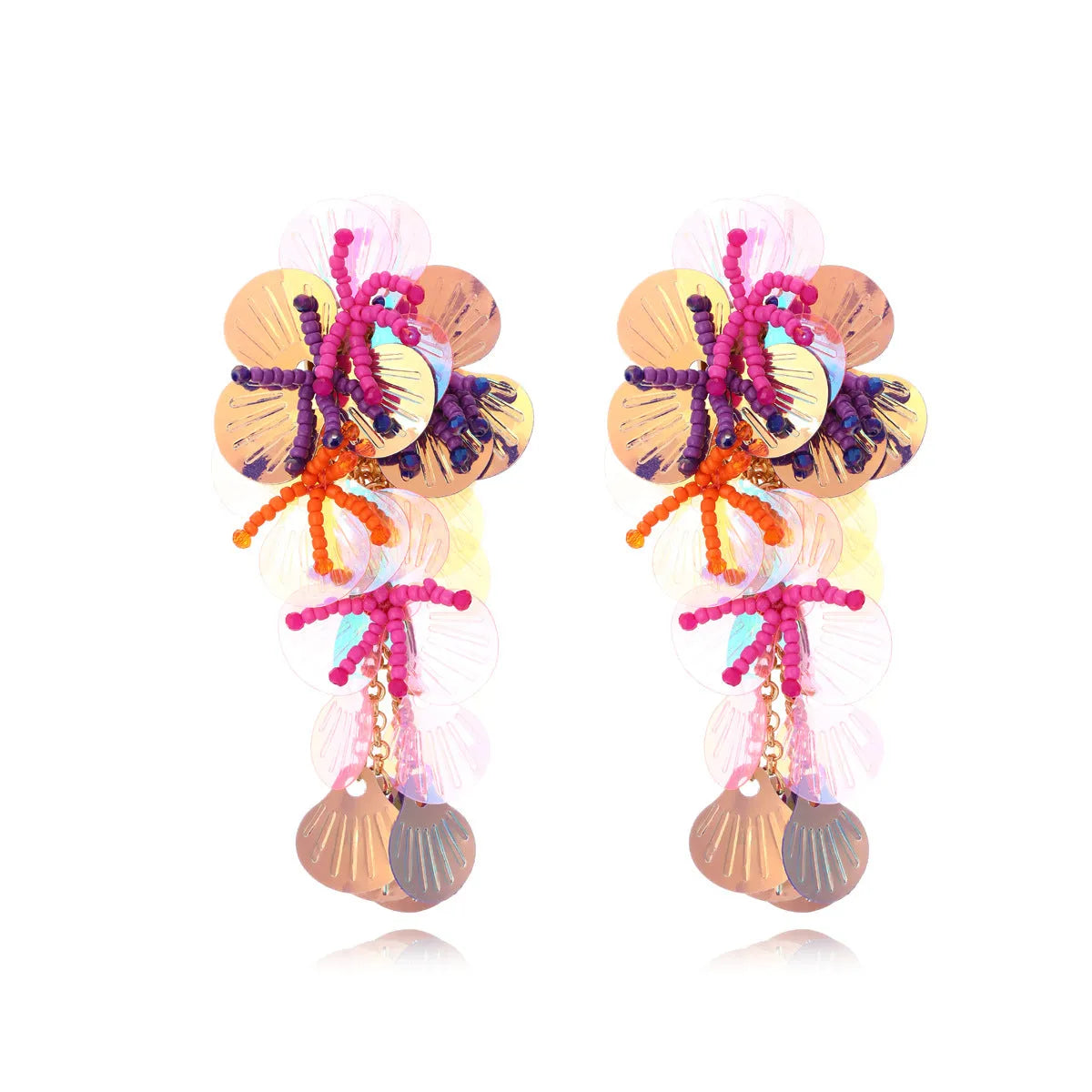 Handmade colourful string bead flower earrings with exaggerated dopamine design
