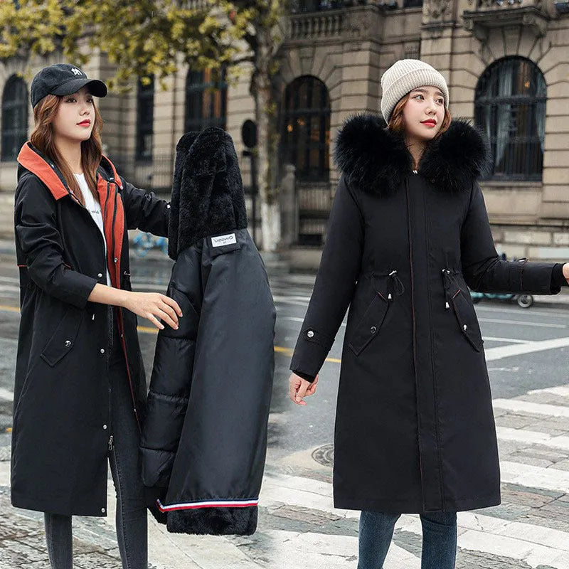 Women's long white cotton-padded fleece trench coat with a 100cm length and long sleeves.