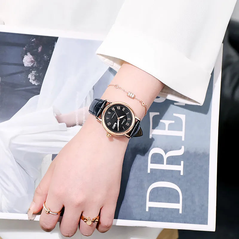 Women's automatic mechanical watch on wrist showing open case back with visible movement