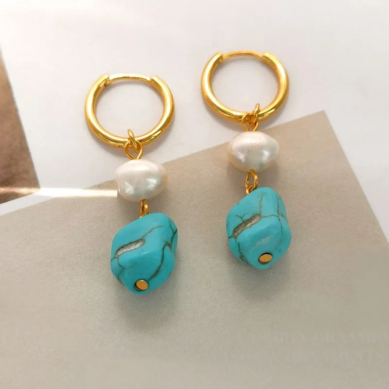 Geometric copper earring set with turquoise and cultured pearls including short clips and dangle styles