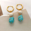 Geometric copper earring set with turquoise and cultured pearls including short clips and dangle styles